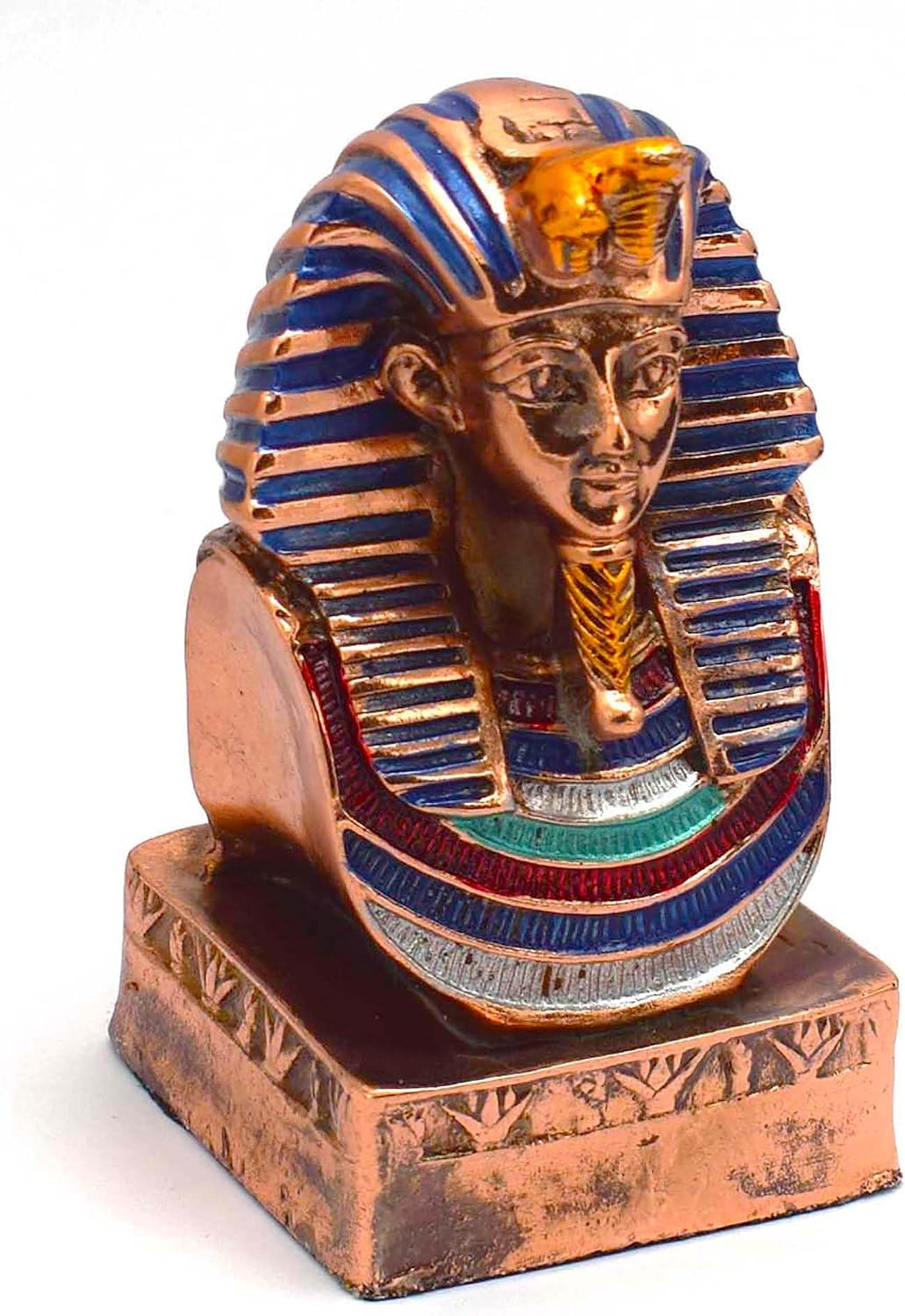 Copper-coloured Tutankhamun mask souvenir with blue stripes and coloured collar on a square base